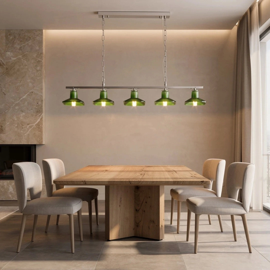 Modern Silver Green Art Glass Linear Chandelier in Minimalist Dining Room