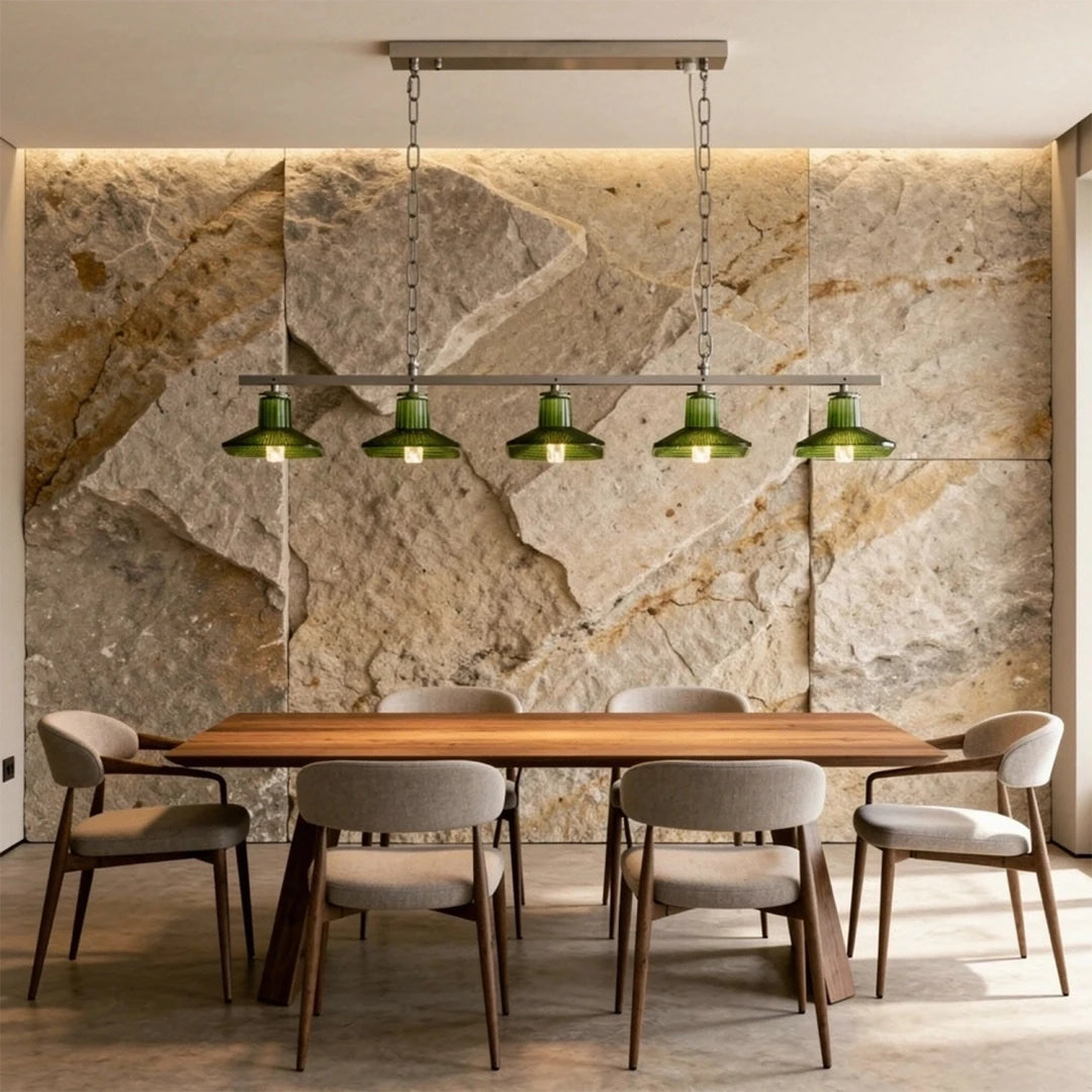 Modern Green Art Glass Linear Chandelier in Designer Dining Setting