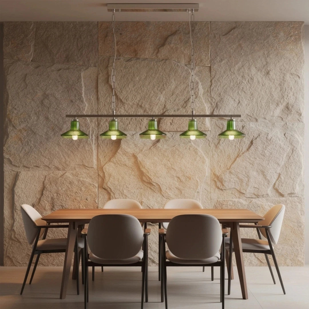 Modern Silver Green Art Glass Linear Chandelier in Luxury Dining Room