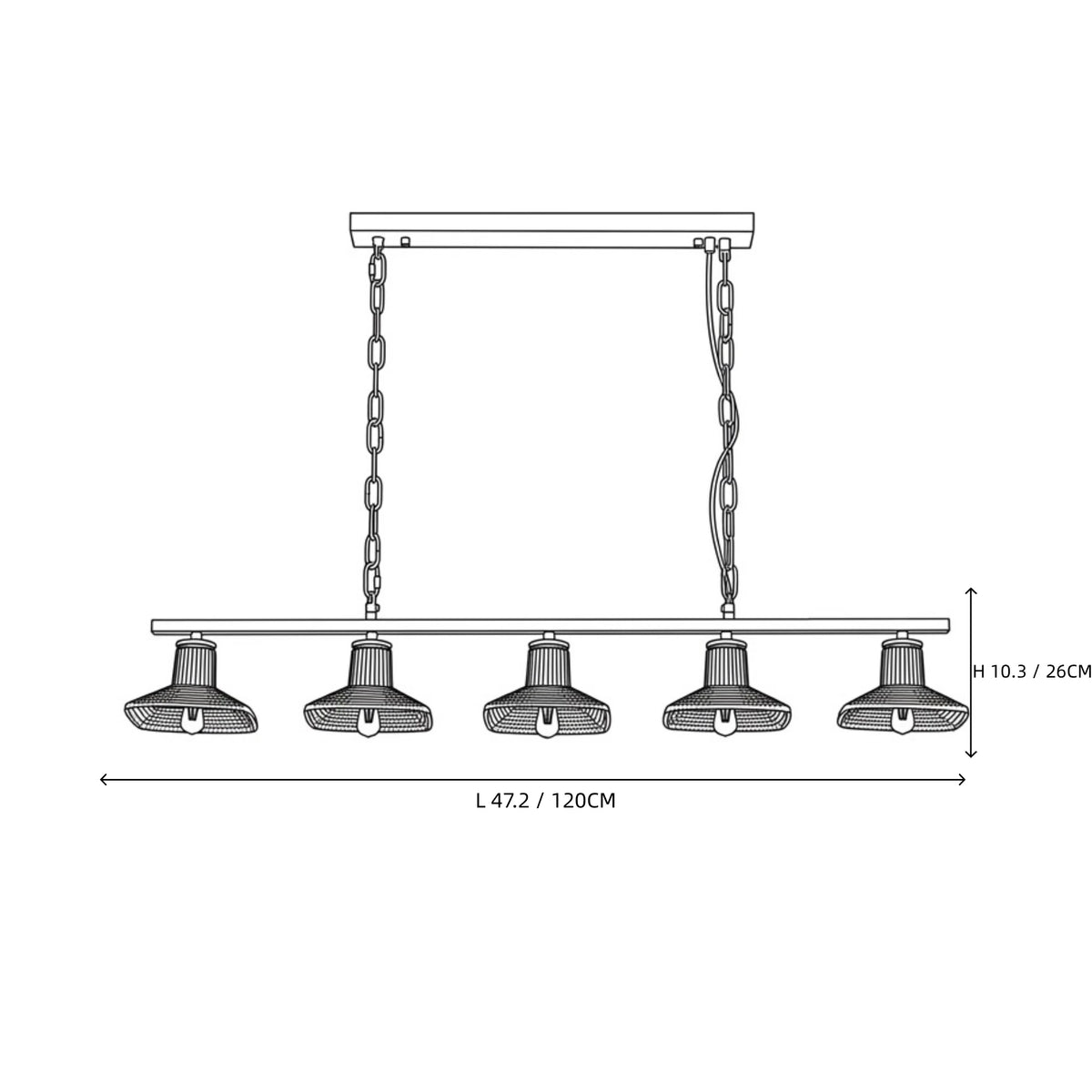 Modern Green Art Glass 5-Light Linear Chandelier Line Art Dimension Diagram