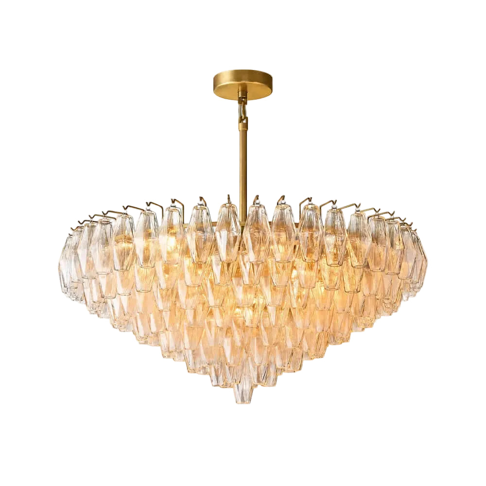 Modern Cascading Amber Faceted Art Glass Chandelier with Brass Stem on Pure White Background