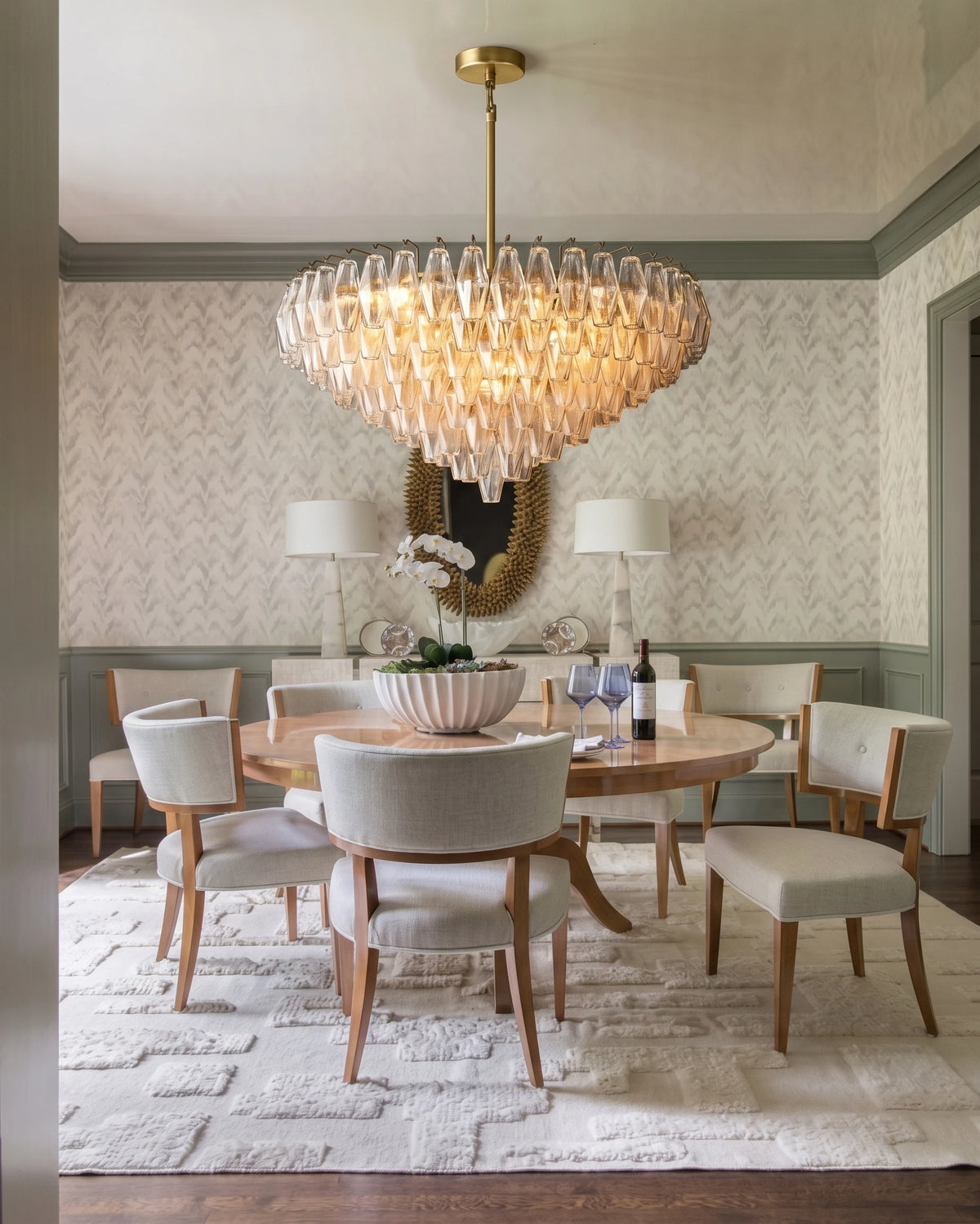 Modern Amber Faceted Art Glass Chandelier Over Formal Dining Table