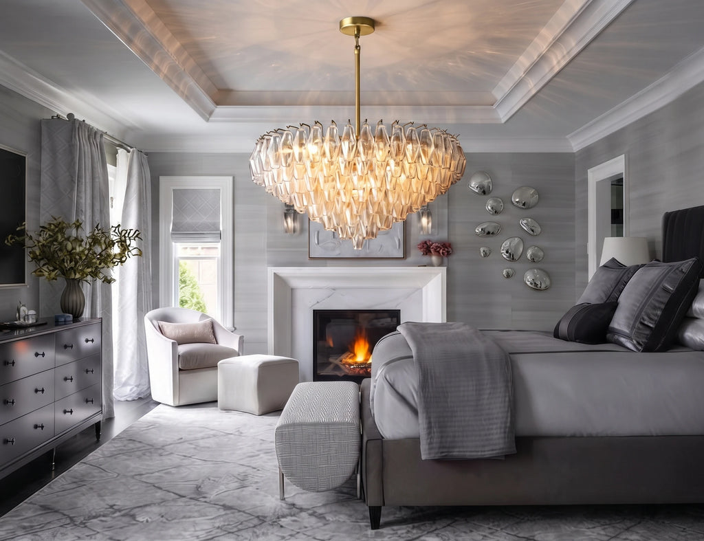 Modern Cascading Amber Art Glass Chandelier in Master Bedroom Setting