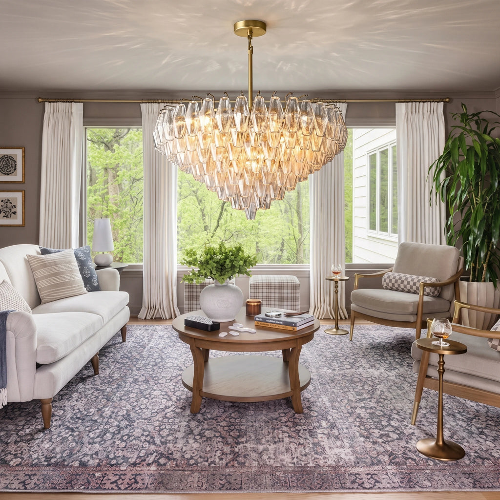 Modern Amber Faceted Glass Chandelier in Bright Living Room