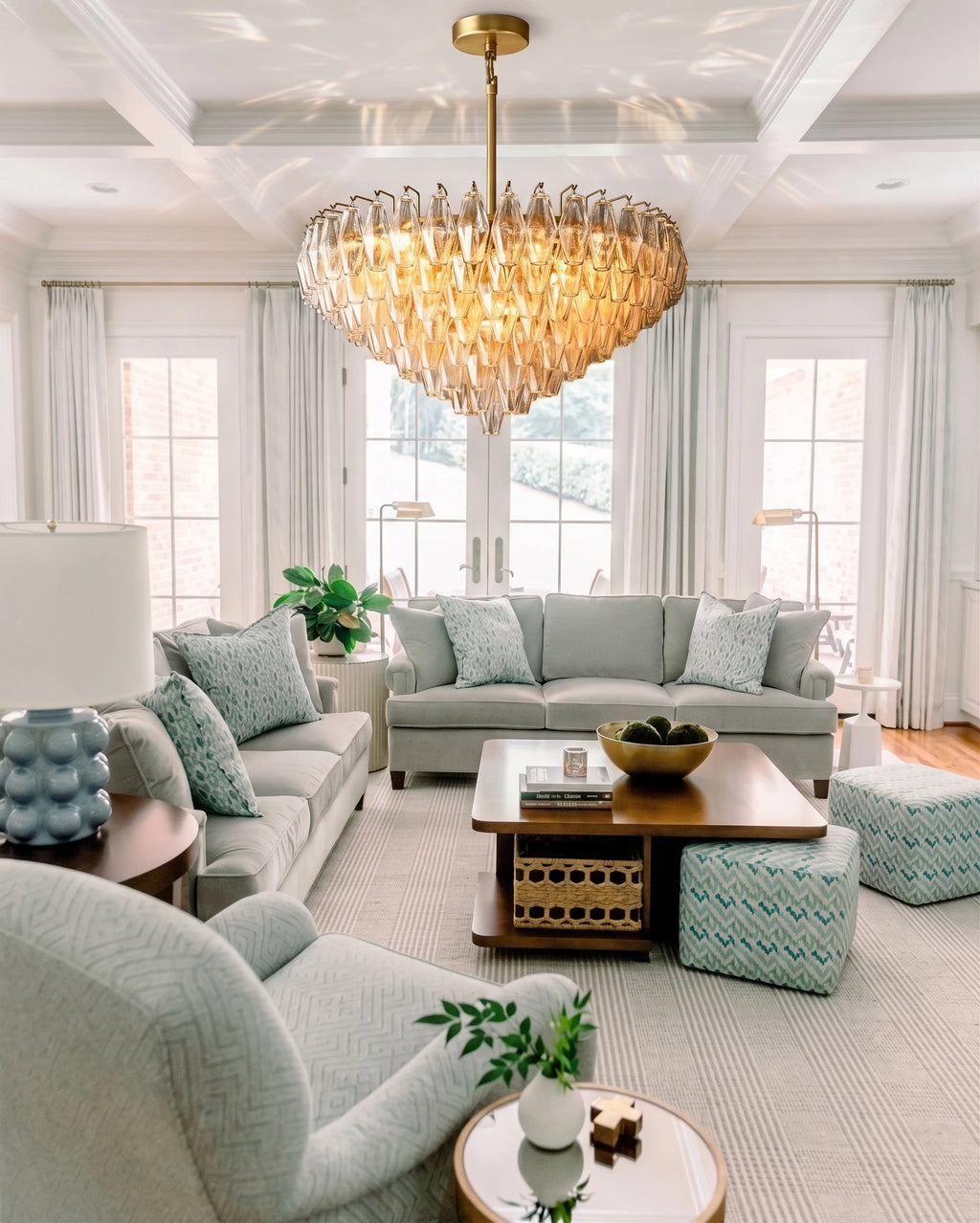 Modern Amber Faceted Art Glass Chandelier in Coastal Living Room