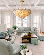 Modern Amber Faceted Art Glass Chandelier in Coastal Living Room