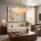 Modern Cascading Amber Art Glass Chandelier in Living Room Interior