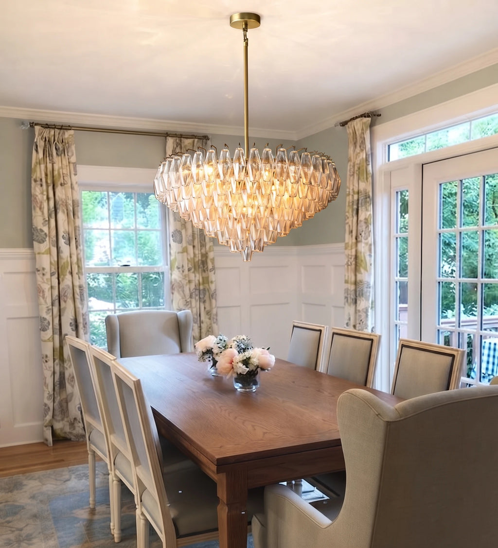 Modern Amber Faceted Glass Chandelier Over Round Dining Table