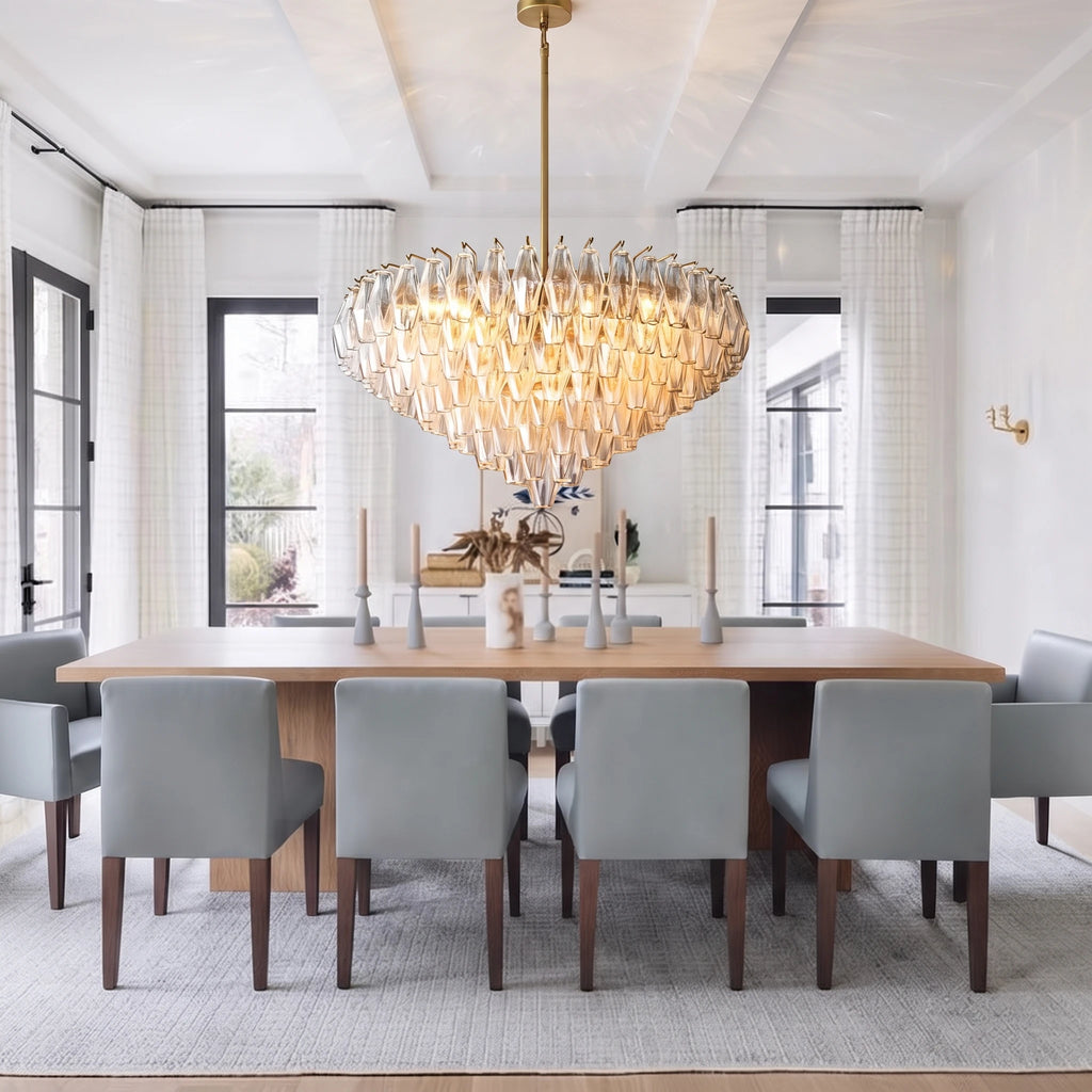 Modern Cascading Art Glass Chandelier Over Dining Room Table