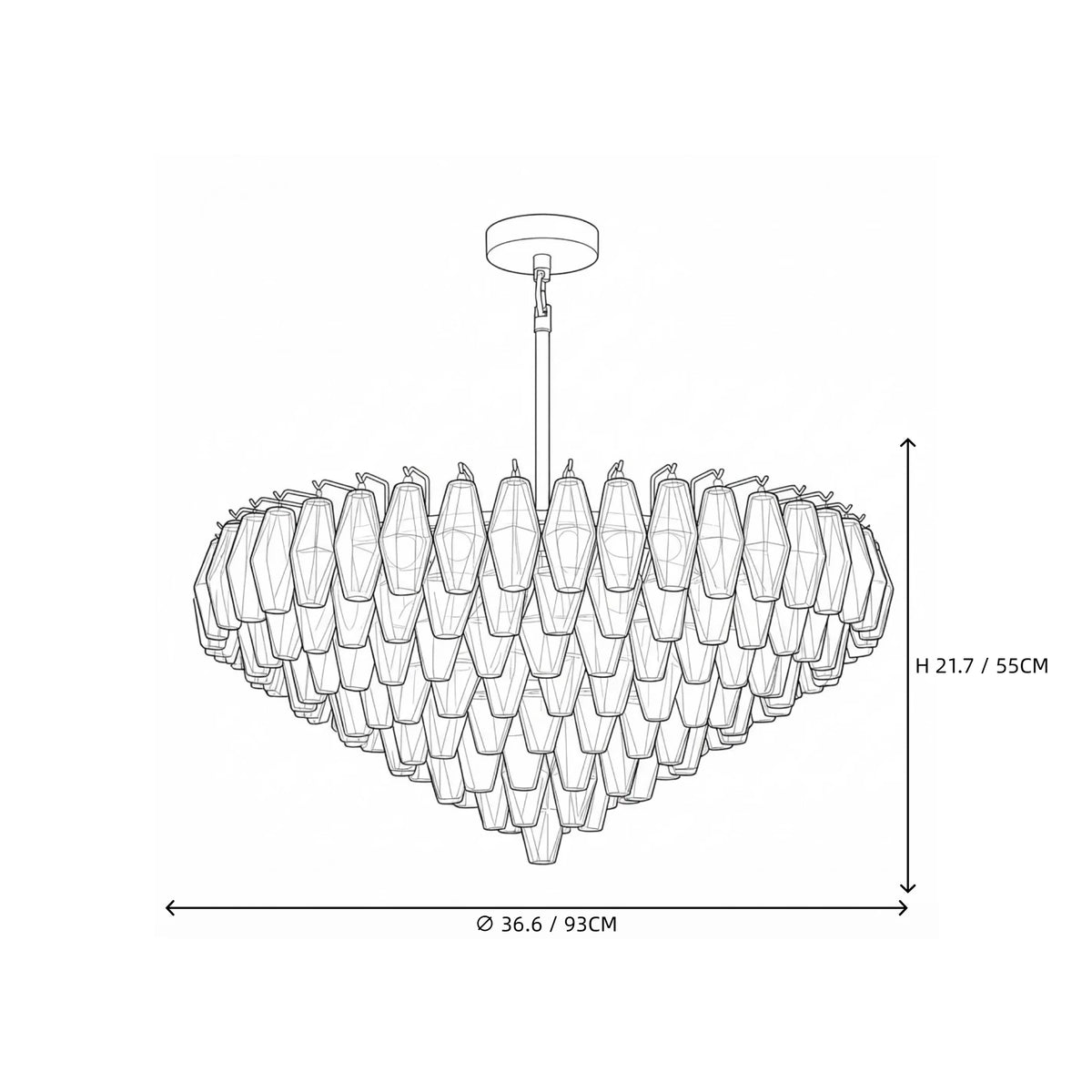 Modern Cascading Amber Faceted Art Glass Chandelier Style A Line Art Dimension Diagram