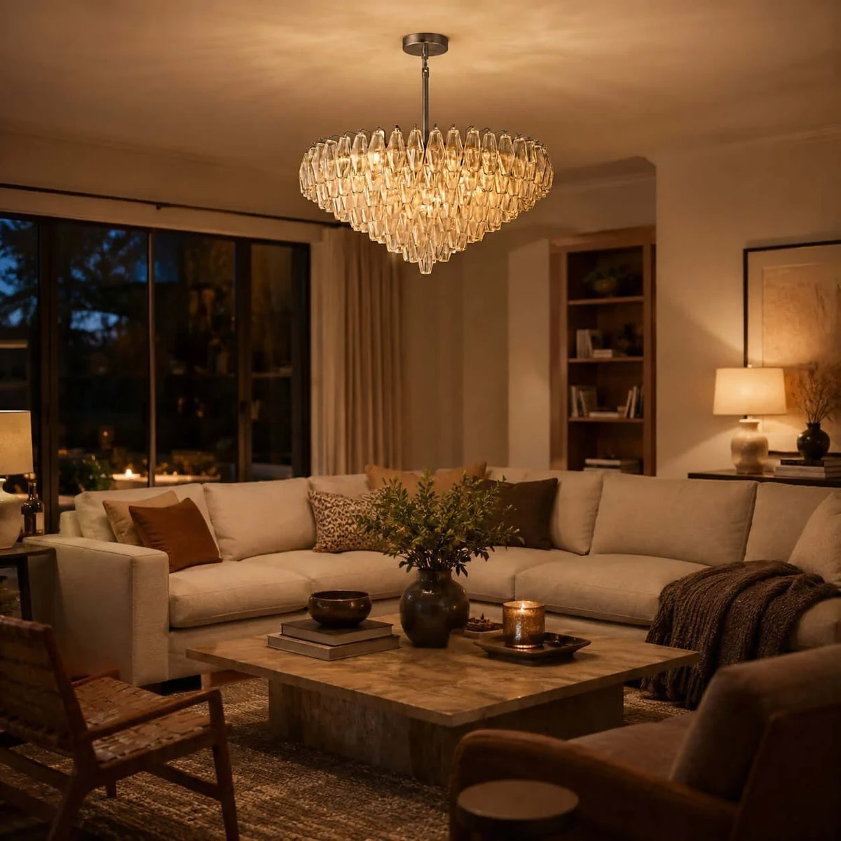 Modern Cascading Art Glass Chandelier in Cozy Living Room