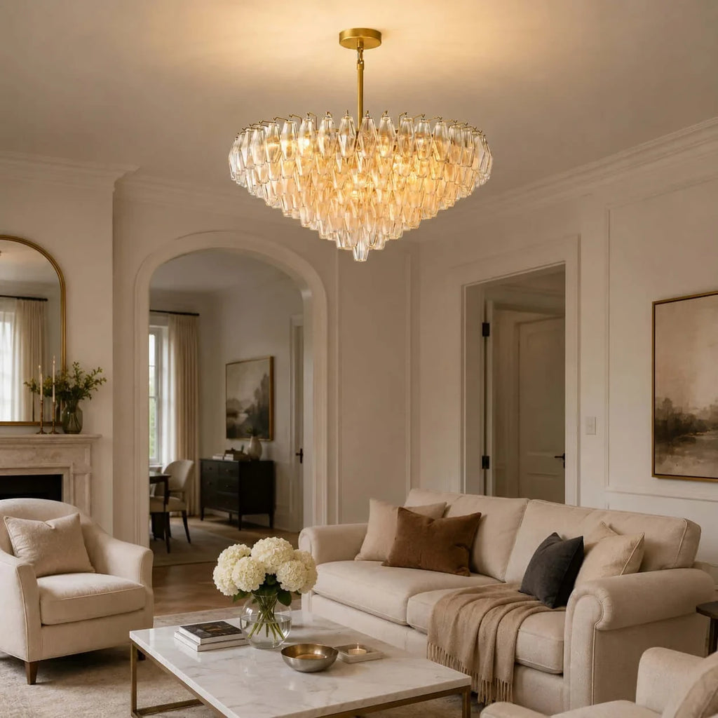 Modern Amber Faceted Glass Chandelier in Entryway Foyer