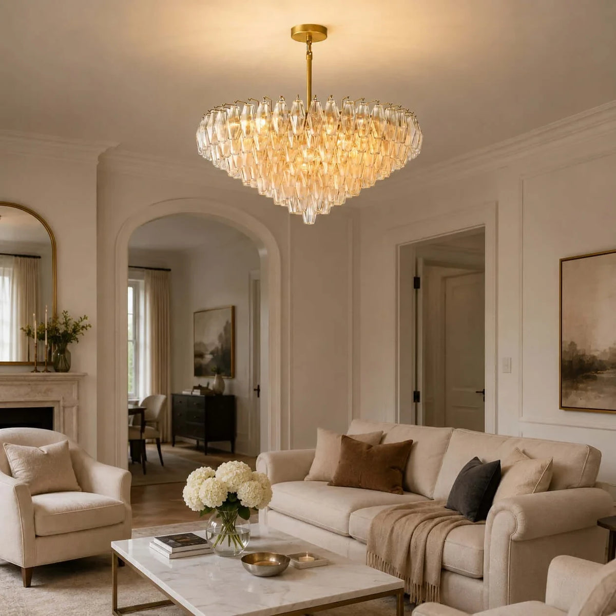 Modern Amber Faceted Glass Chandelier in Entryway Foyer