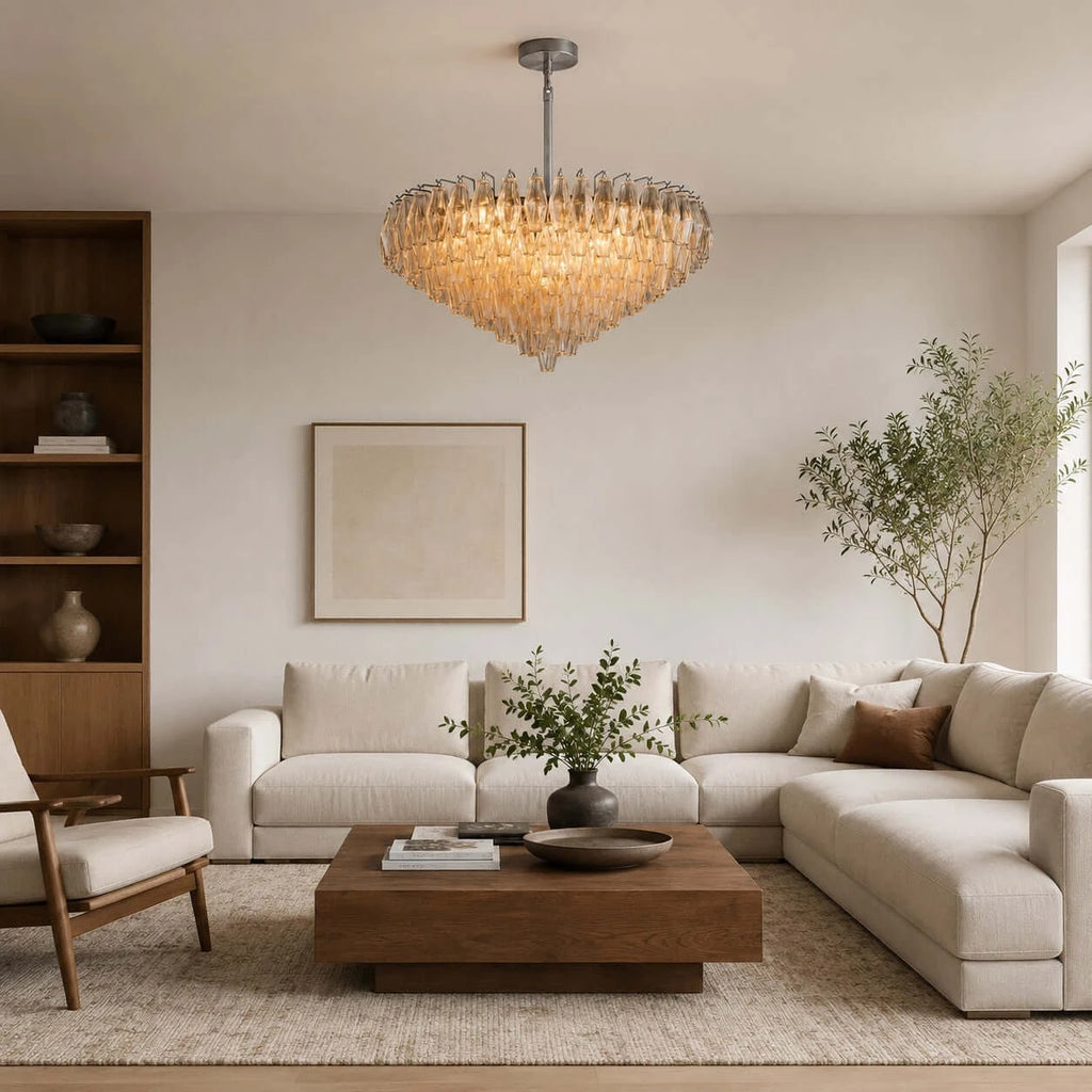 Modern Amber Faceted Art Glass Chandelier in Contemporary Living Room