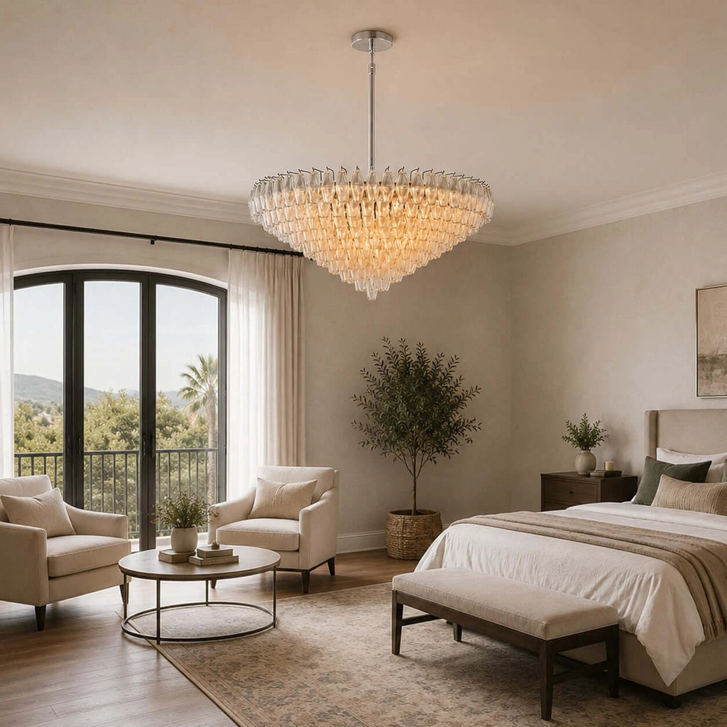 Modern Cascading Amber Art Glass Chandelier in Elegant Interior