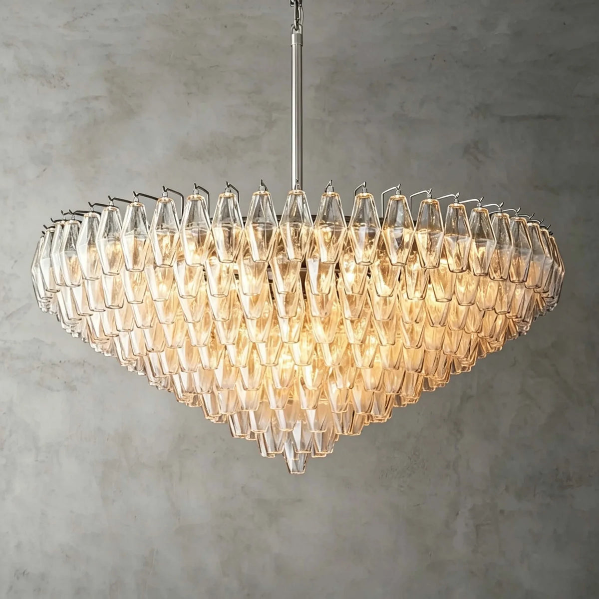 Studio Display of Illuminated Modern Cascading Amber Art Glass Chandelier