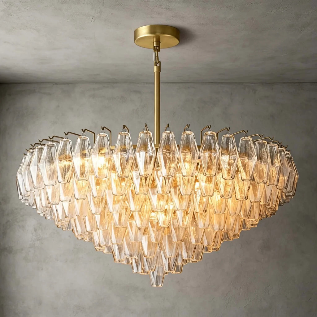 Illuminated Modern Cascading Amber Faceted Art Glass Chandelier Studio Shot