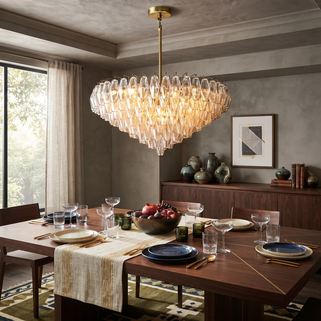 Modern Cascading Art Glass Chandelier Over Wooden Dining Table