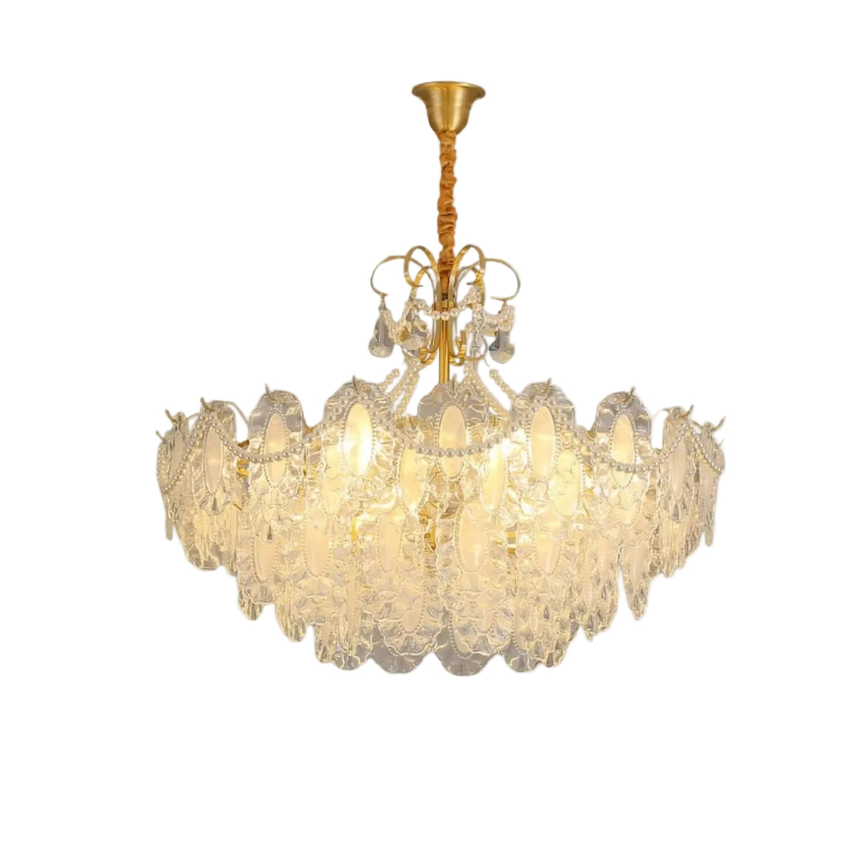 Modern Brass and Crystal Slice Art Glass Chandelier with Wrapped Canopy and Chain on Pure White Background