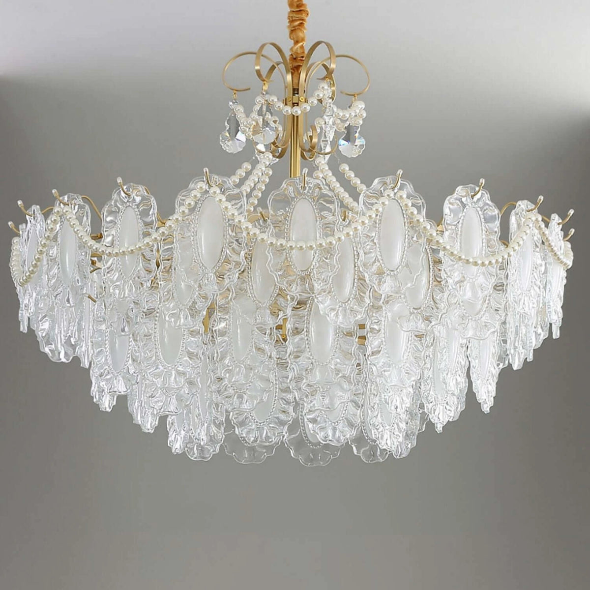 Illuminated Modern Crystal Slice Art Glass Chandelier Studio Shot on Pure White Background