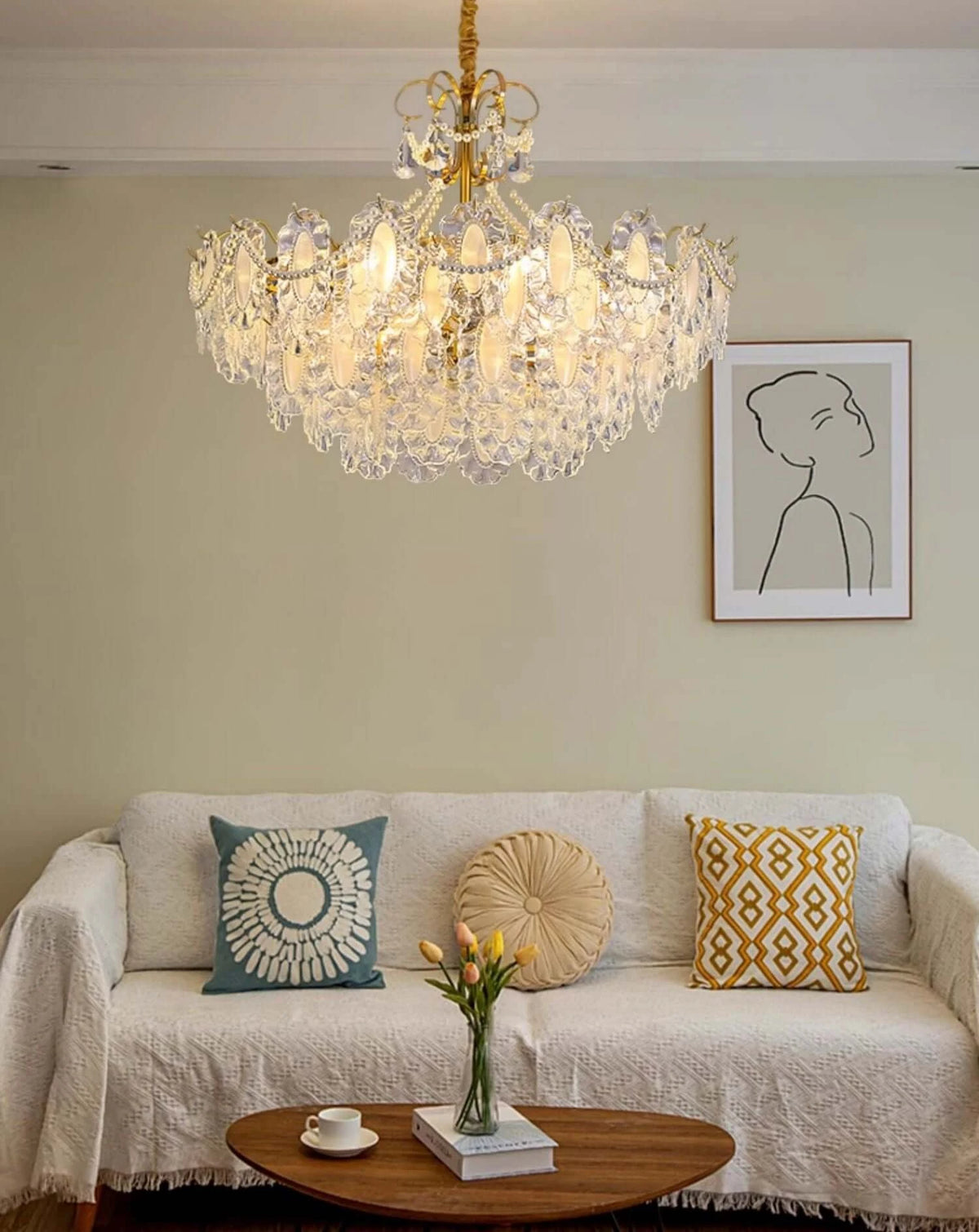 Modern Crystal Slice Art Glass Chandelier in Cozy Living Room Setting