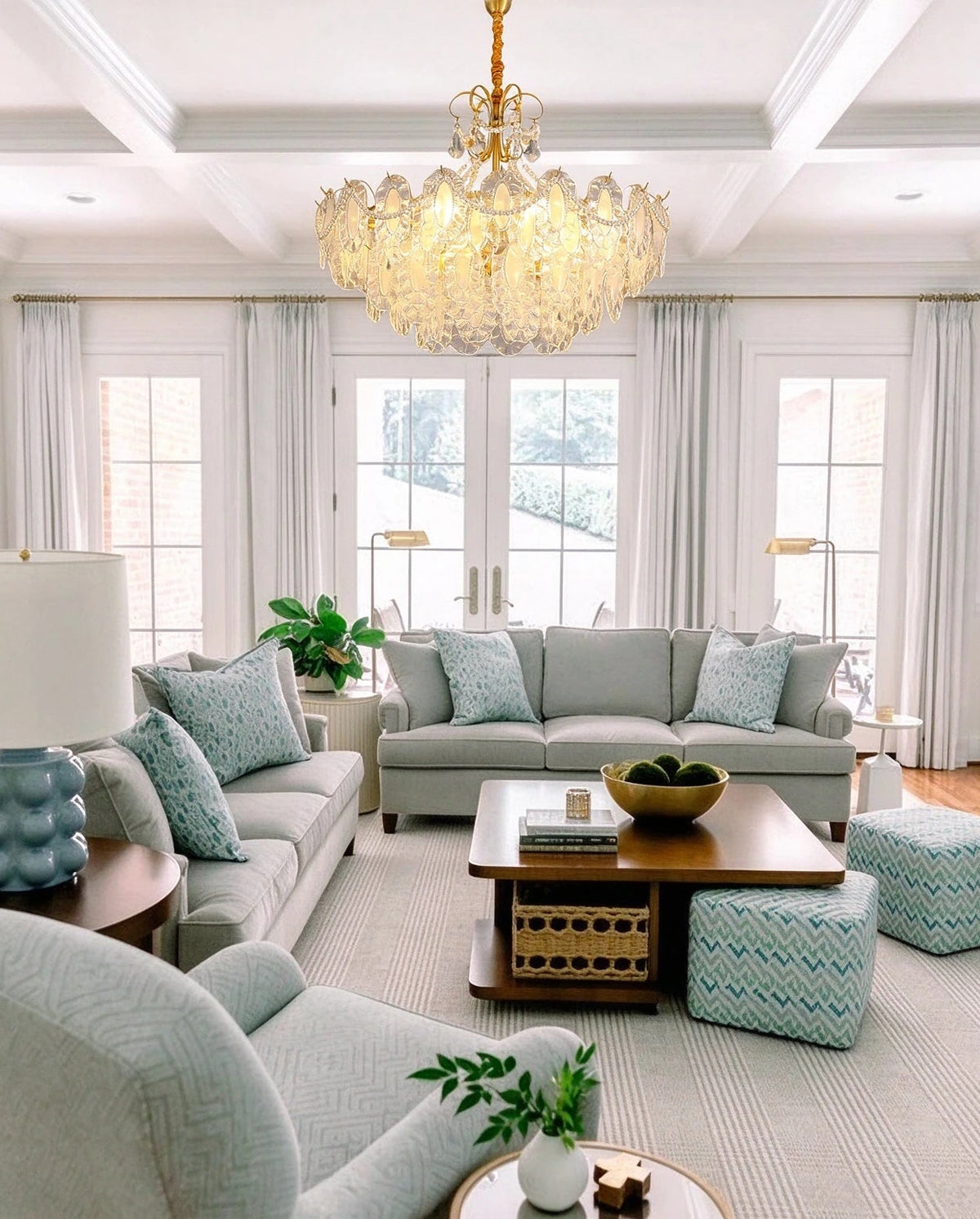 Modern Brass Crystal Slice Art Glass Chandelier in Bright Living Space