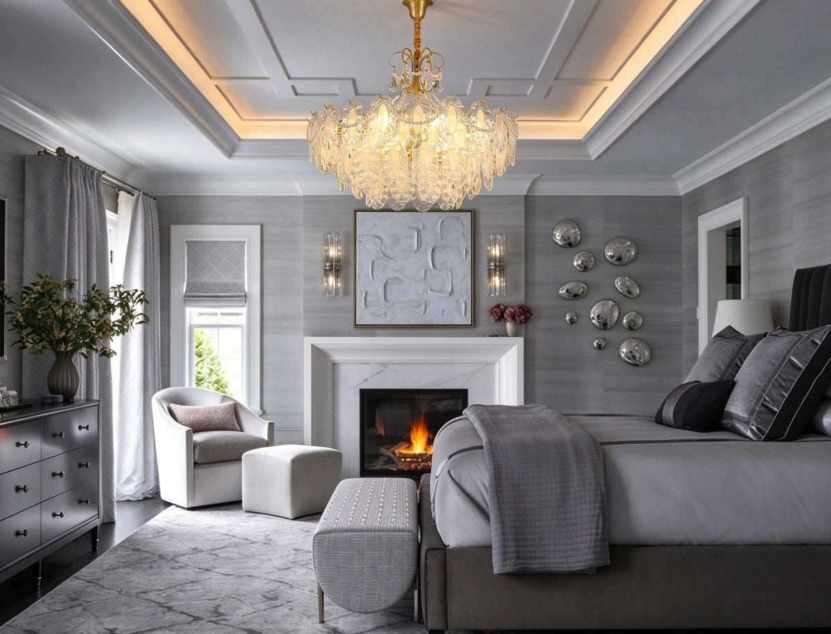 Modern Crystal Slice Art Glass Chandelier in Luxury Bedroom Setting