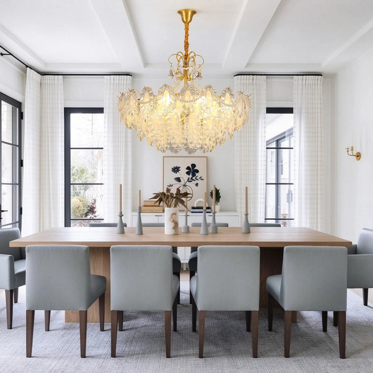 Modern Brass Crystal Slice Art Glass Chandelier in Formal Dining Room
