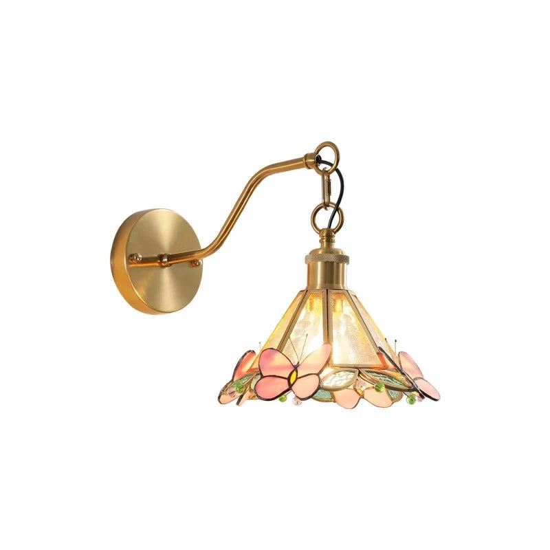 Modern Brass and Pink Butterfly Stained Glass Wall Sconce on Pure White Background
