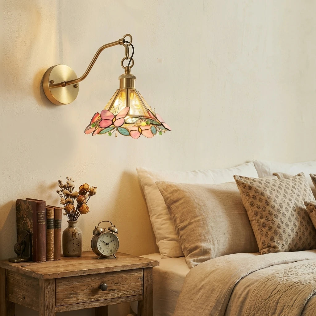 Traditional Butterfly Stained Glass Wall Sconce Over Nightstand