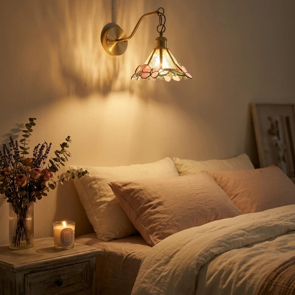 Illuminated Modern Butterfly Stained Glass Wall Sconce in Bedroom