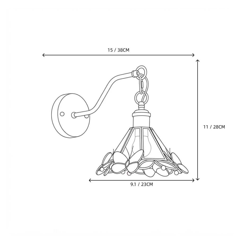 Modern Brass and Butterfly Stained Glass Wall Sconce Line Art Dimension Diagram