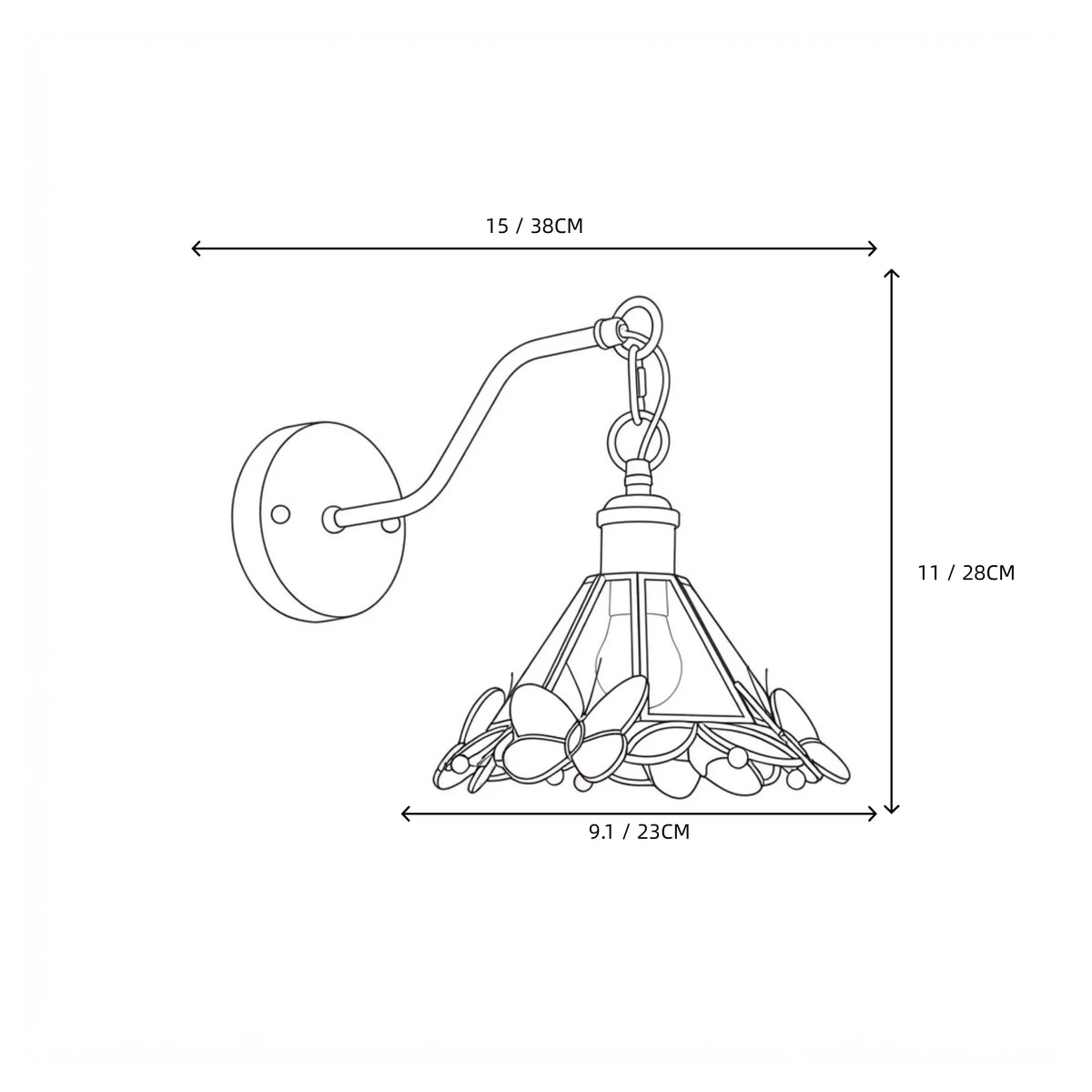 Modern Brass and Butterfly Stained Glass Wall Sconce Line Art Dimension Diagram