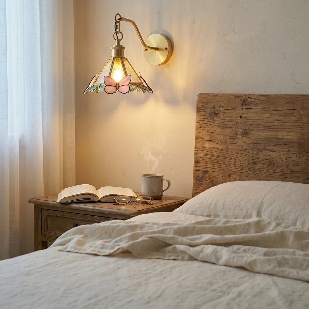 Modern Brass Butterfly Stained Glass Wall Sconce in Master Bedroom