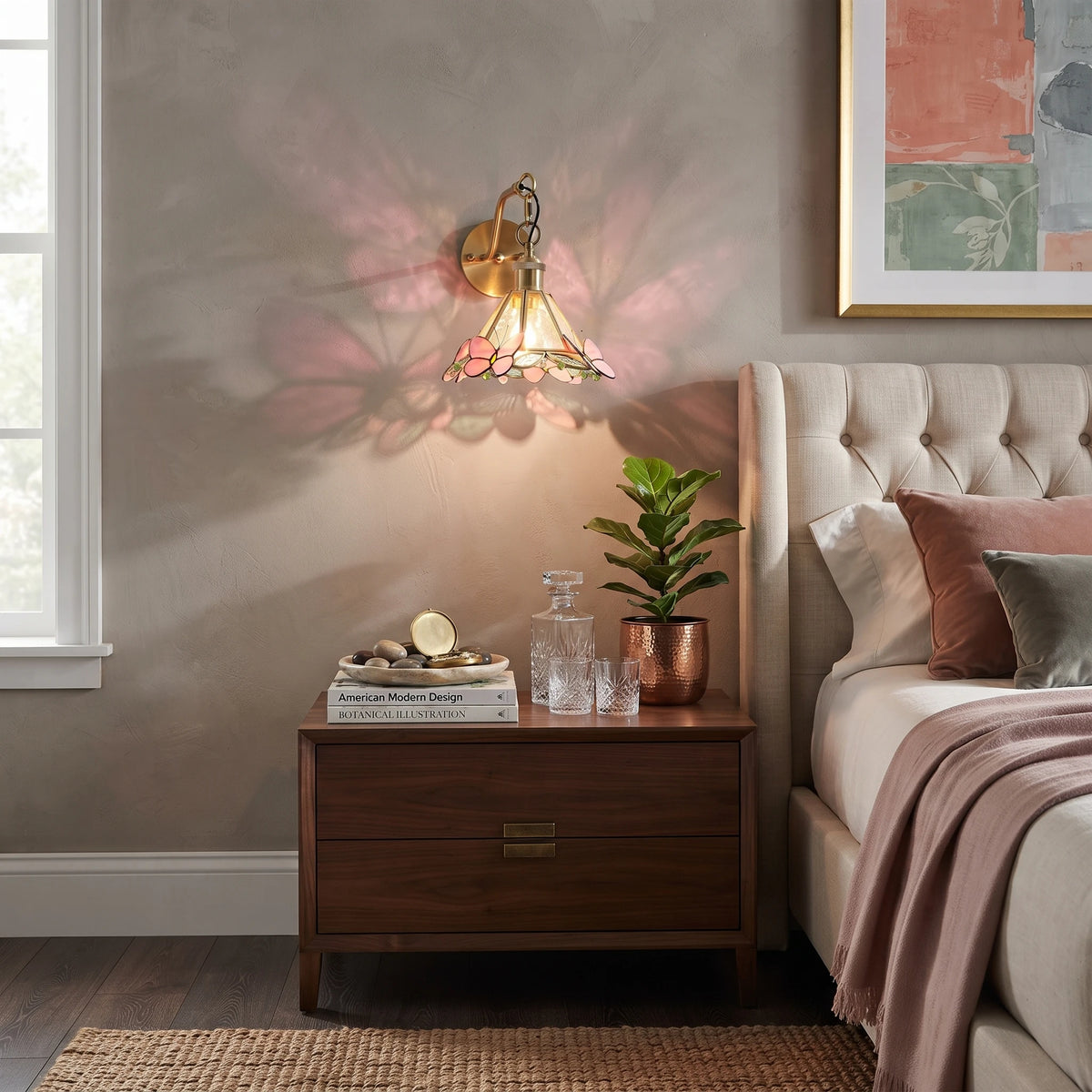 Modern Pink Butterfly Stained Glass Wall Sconce in Bedroom Setting