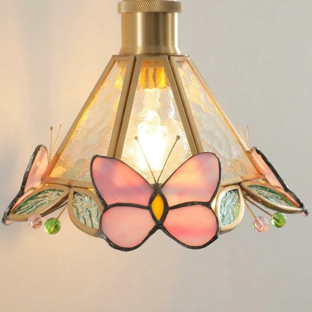 Close Up View of Pink Butterfly Stained Glass Shade and Bulb
