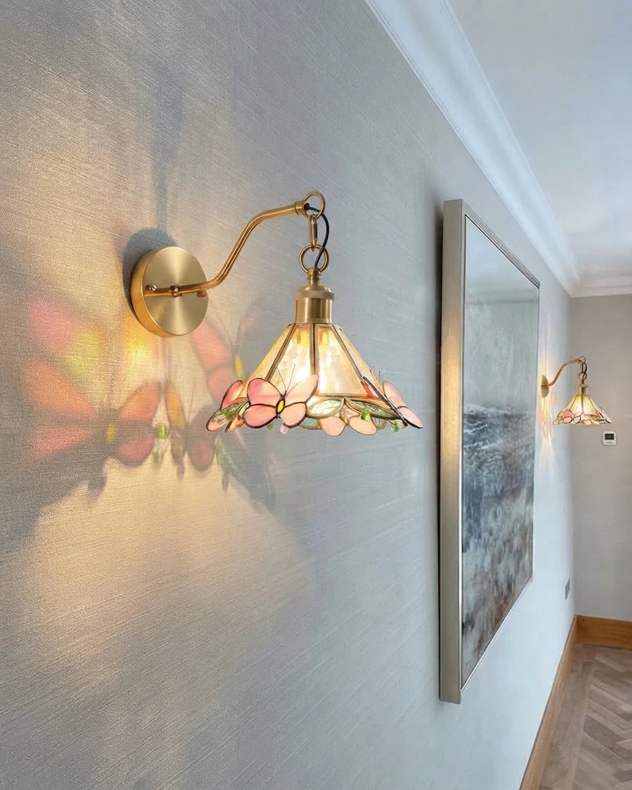 Illuminated Modern Butterfly Stained Glass Wall Sconce in Hallway