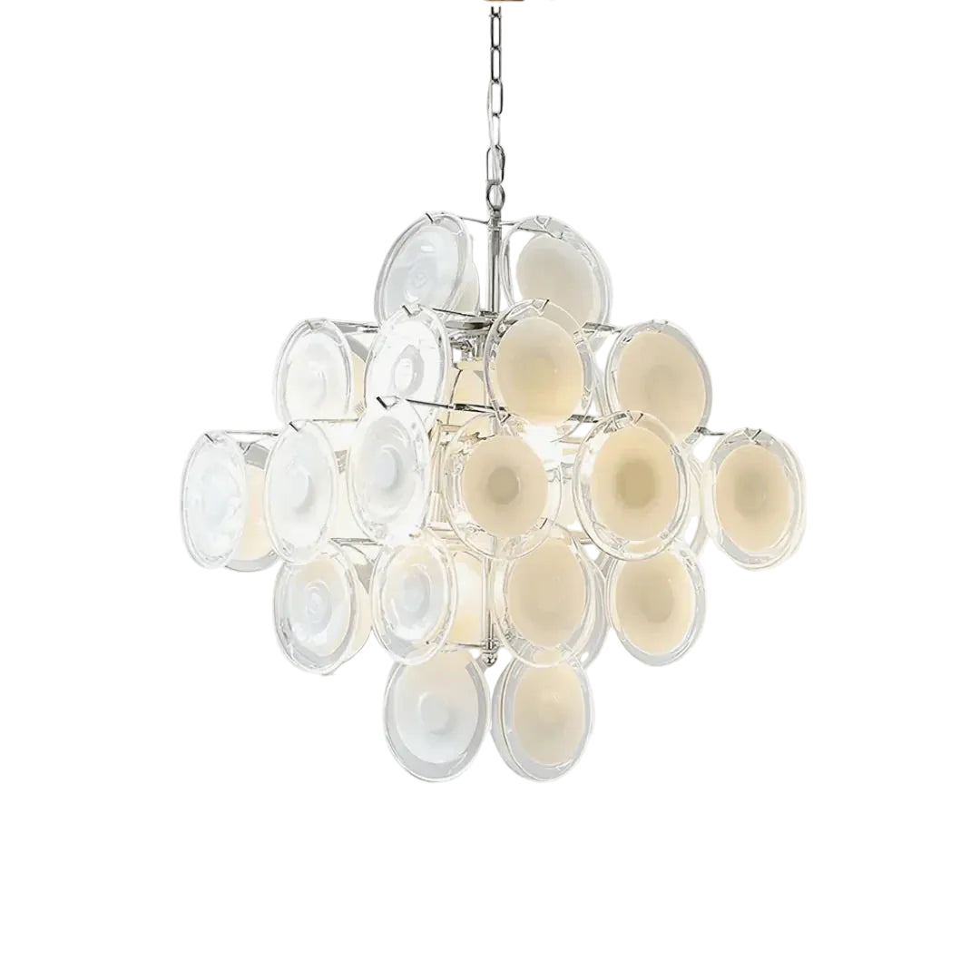 Modern Cascading Round Disc Art Glass Chandelier with Brushed Nickel Canopy on Pure White Background