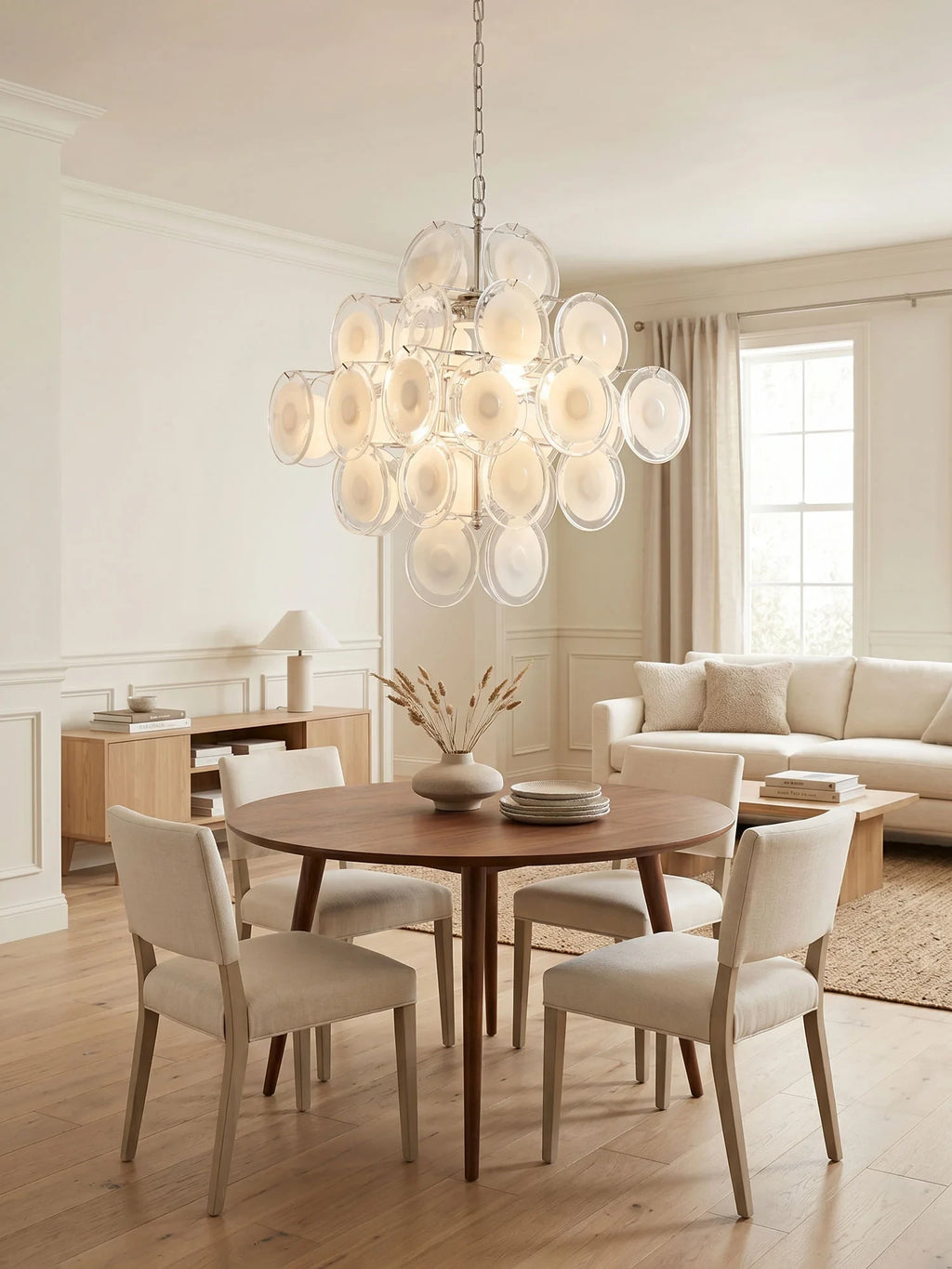 Modern Round Disc Chandelier in Living Room Interior