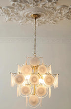 Illuminated Modern Cascading Round Disc Art Glass Chandelier Studio Shot