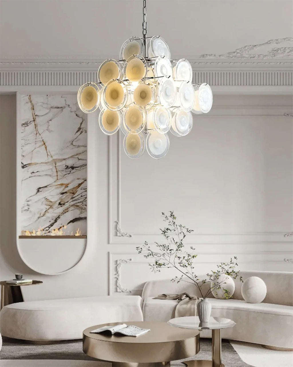 Modern Round Disc Art Glass Chandelier in Living Room Setting