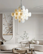 Modern Round Disc Art Glass Chandelier in Living Room Setting