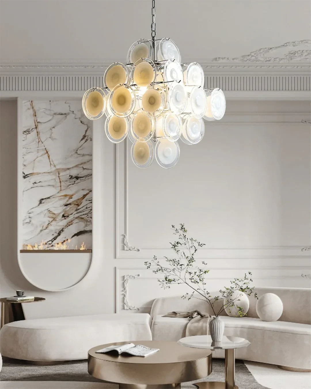 Modern Round Disc Art Glass Chandelier in Living Room Setting