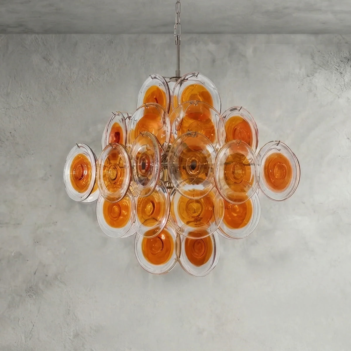 Illuminated Modern Cascading Amber Disc Art Glass Chandelier Studio Display