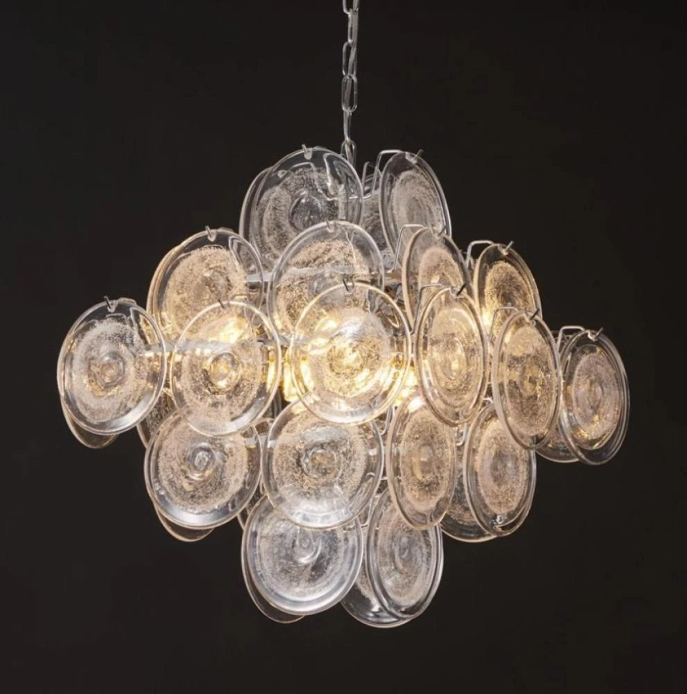 Illuminated Modern Cascading Round Disc Art Glass Chandelier on Black Background