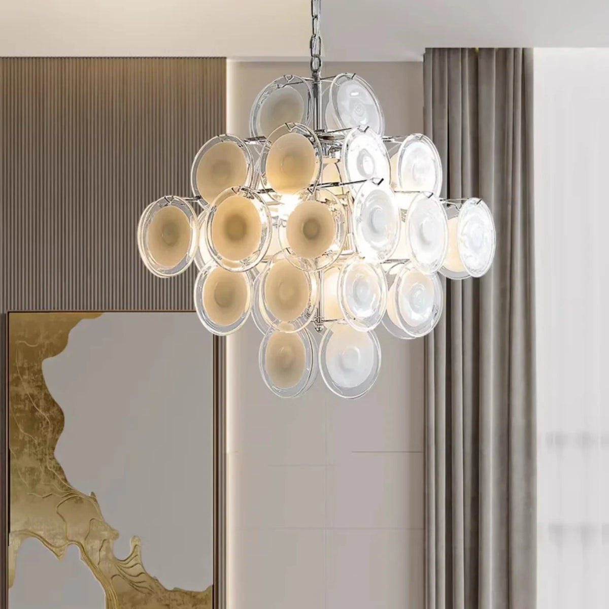Modern Cascading Round Disc Art Glass Chandelier Studio View