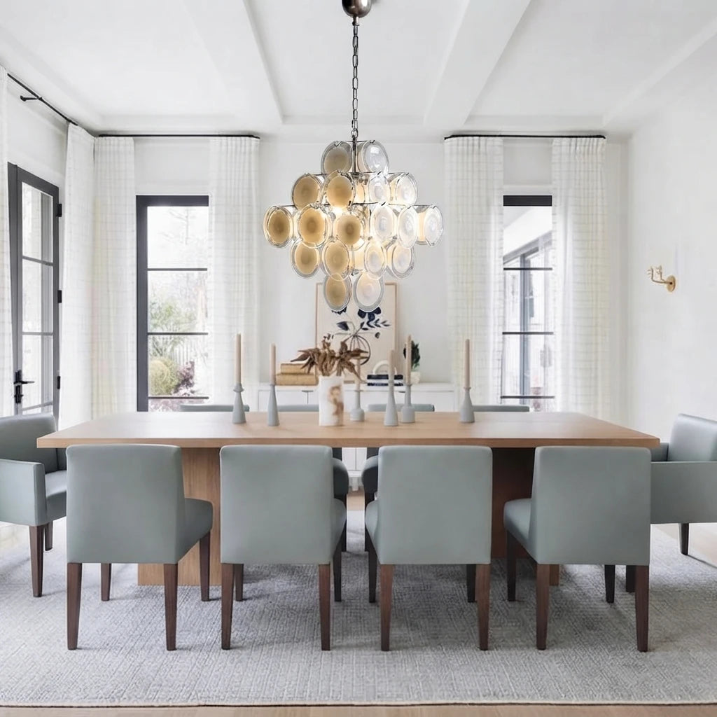 Modern Cascading Art Glass Chandelier Over Dining Room Table
