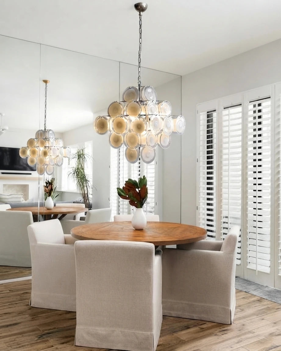 Modern Round Disc Art Glass Chandelier Over Round Dining Table