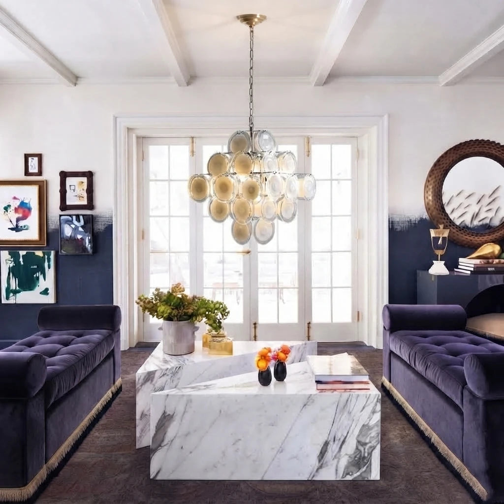 Modern Cascading Round Disc Chandelier in Contemporary Living Room