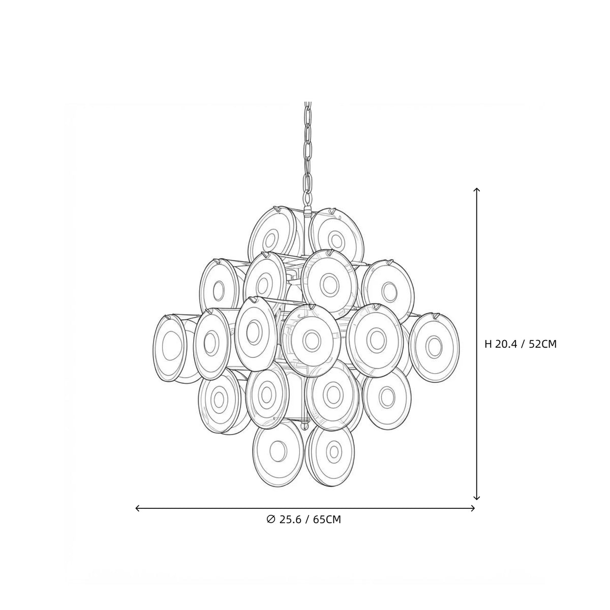 Modern Cascading Round Disc Art Glass Chandelier Line Art Dimension Diagram